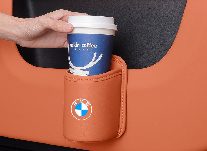 BMW leather car cup holder wide opening for easy access, orange