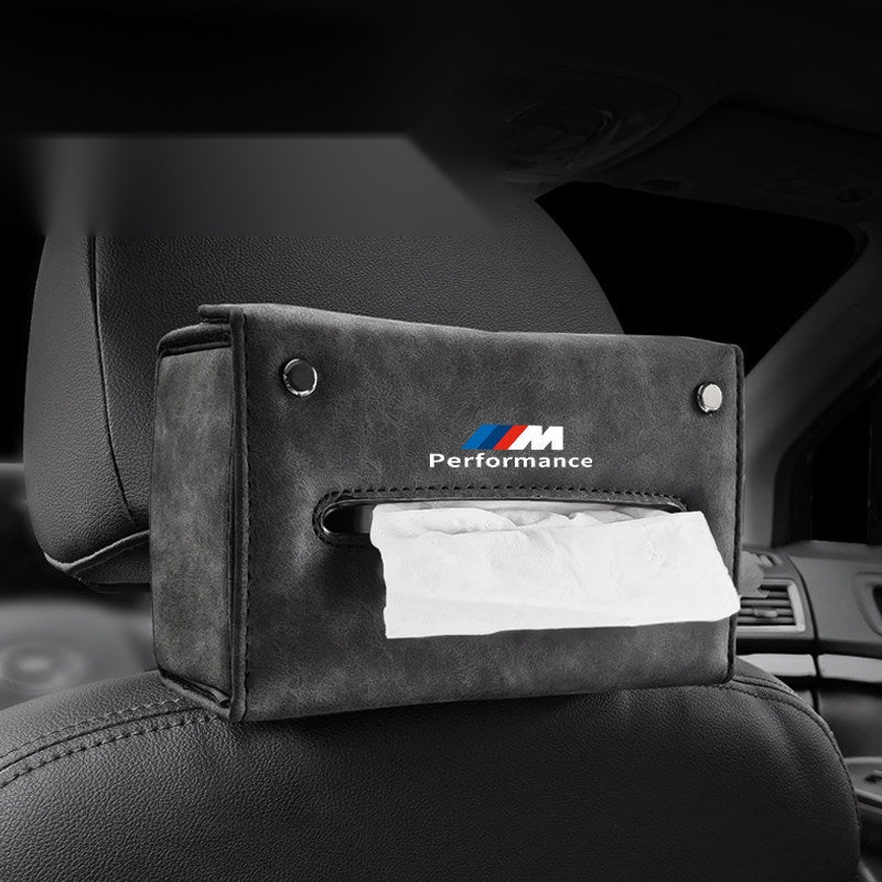 BMW M Performance suede tissue box holder mounted on car headrest