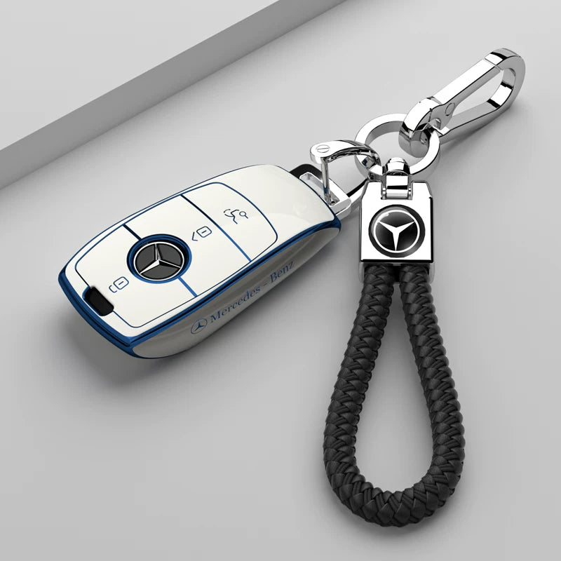 Mercedes-Benz Riviera Two-Tone Key Case – Ivory White – Blue Trim with Black Braided Strap