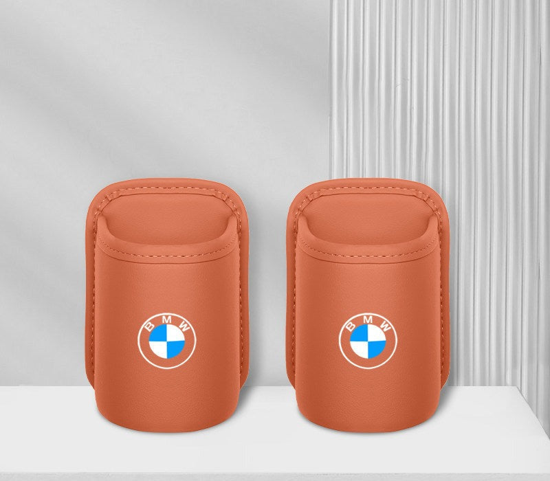 BMW leather car cup holder two piece set, orange with BMW logo