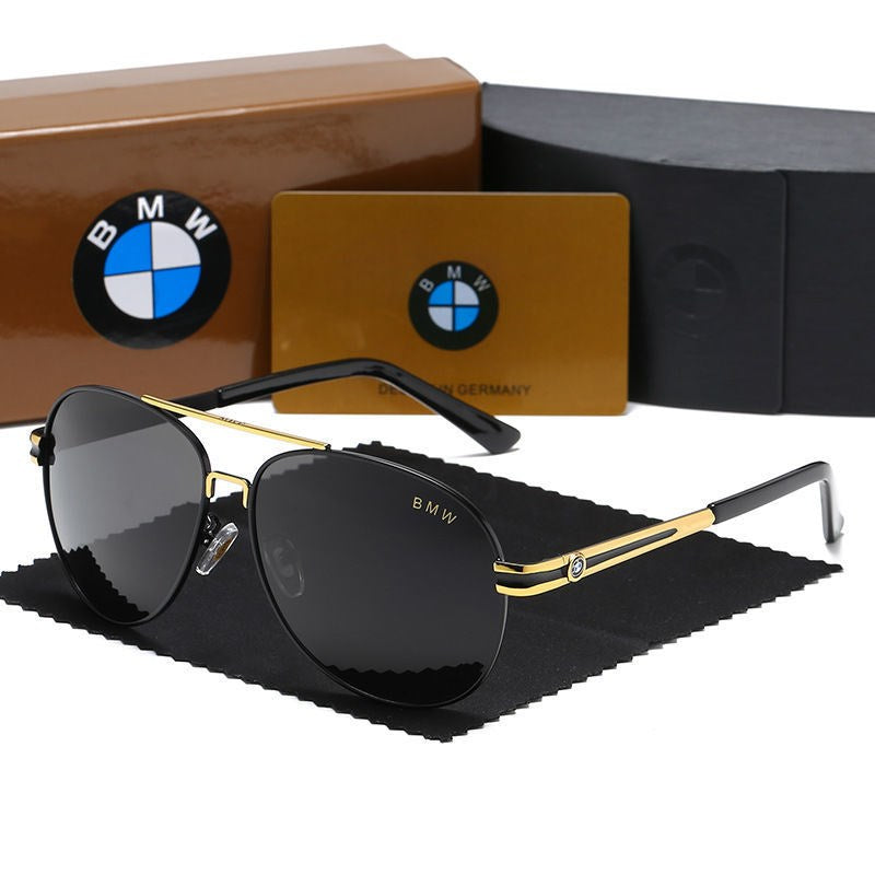 Black and gold frame BMW aviator driving sunglasses gray lens