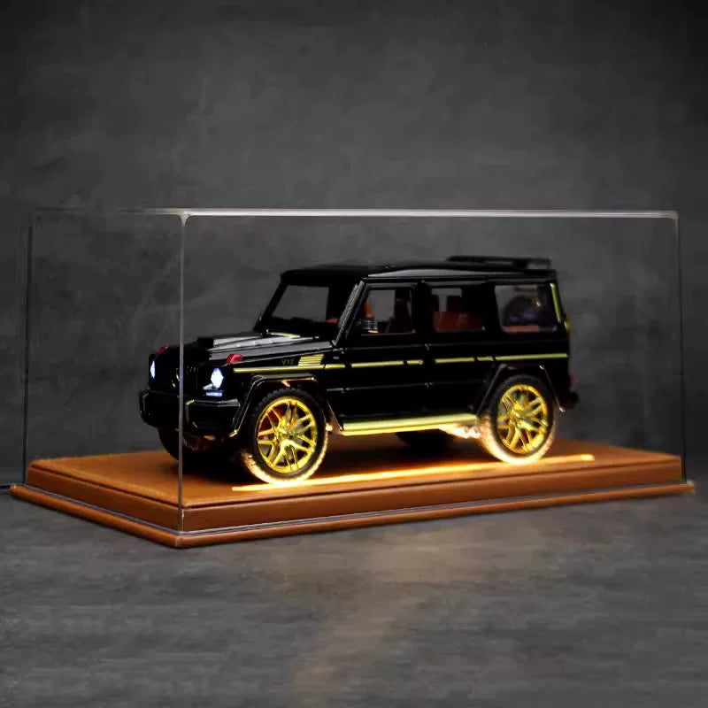 Black 1:24 Mercedes-AMG G63 diecast model in clear LED leather display case