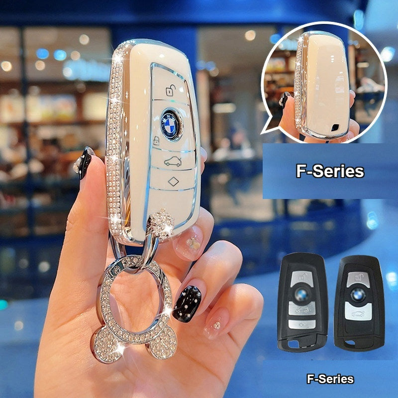 BMW key case Style A (F-Series) - Cream White/Silver Edge + Snowflake D-Buckle & Mickey Charm