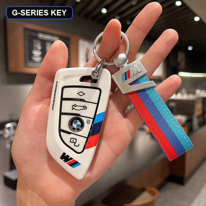BMW key shell case white with red blue M-stripe keychain strap