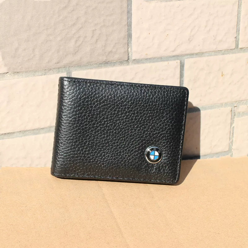 Black BMW license wallet with chrome roundel emblem