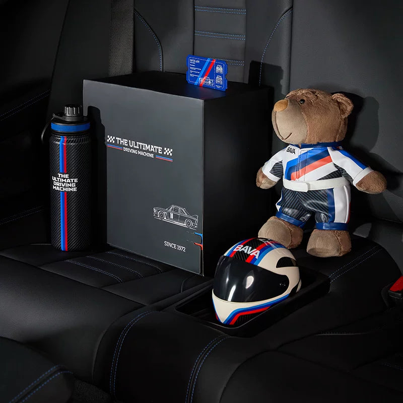 BMW M Racing Spirit Heritage Gift Box contents: racer bear, removable helmet, bottle, 3.0 CSL magnet and gift box