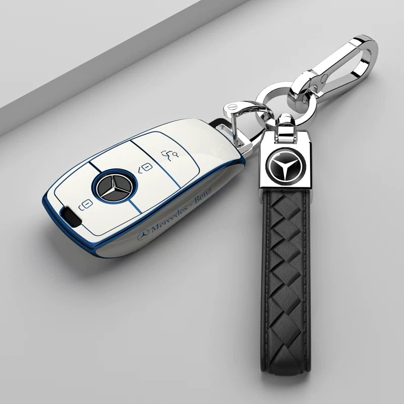 Mercedes-Benz Riviera Two-Tone Key Case – Ivory White – Blue Trim with Black Woven Strap