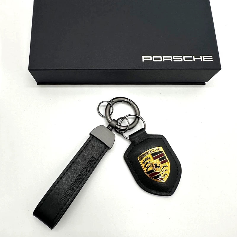 Porsche crest leather key fob in Jet Black