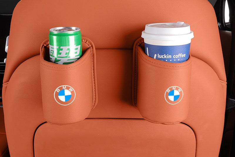 BMW leather car seat back cup holder with drink and can