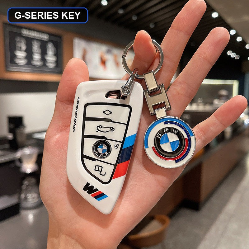 BMW key shell case white with BMW roundel logo keychain