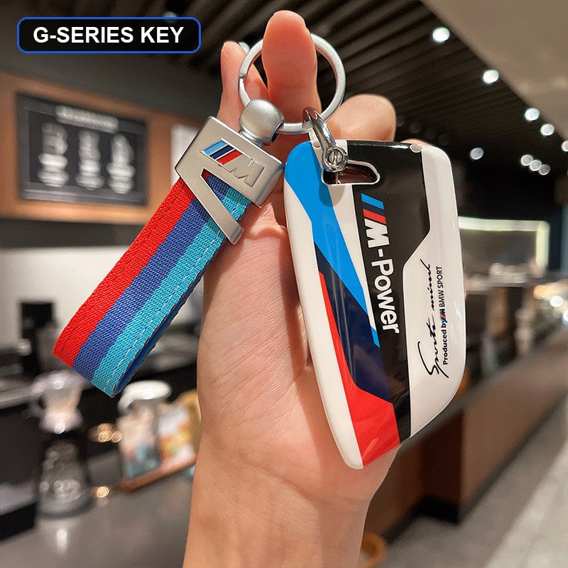 BMW M-Power key shell case with red blue and cyan M-stripe keychain strap
