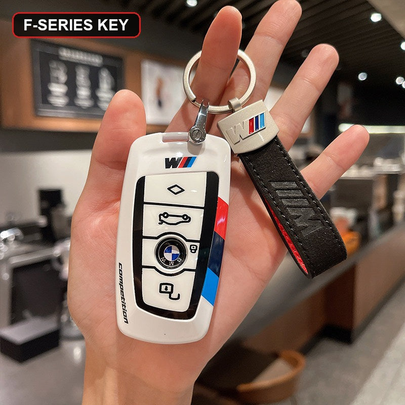 BMW key shell case gray with black leather keychain strap
