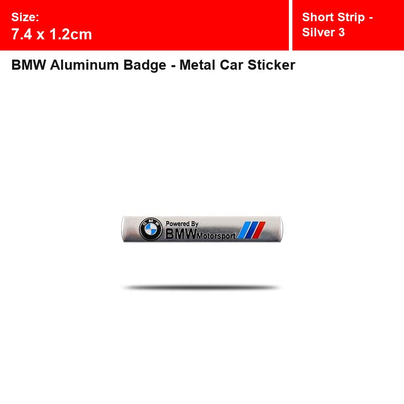 BMW aluminum badge, Short Strip - Silver 3 design, size 7.4 x 1.2cm