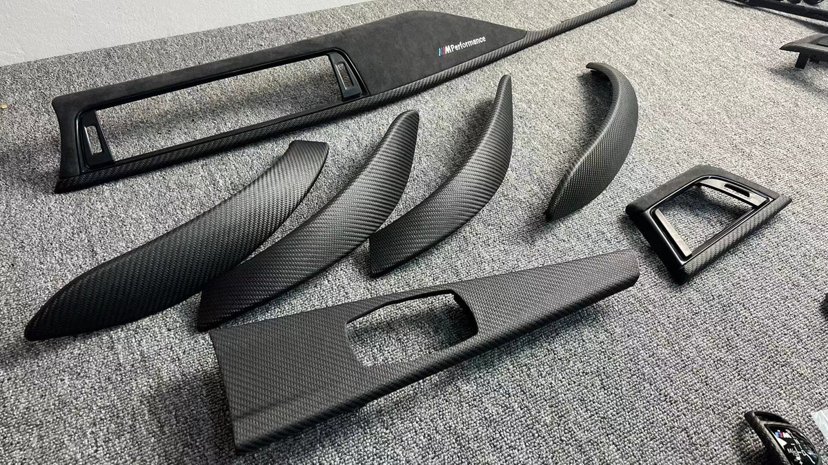 BMW F30/F35 carbon fiber interior trim set, angled view