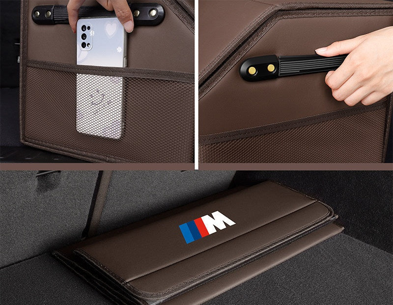BMW trunk storage box detail: side mesh pocket, carry handle, folded flat view