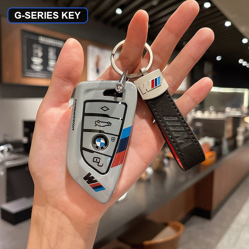 BMW key shell case gray with black leather strap keychain