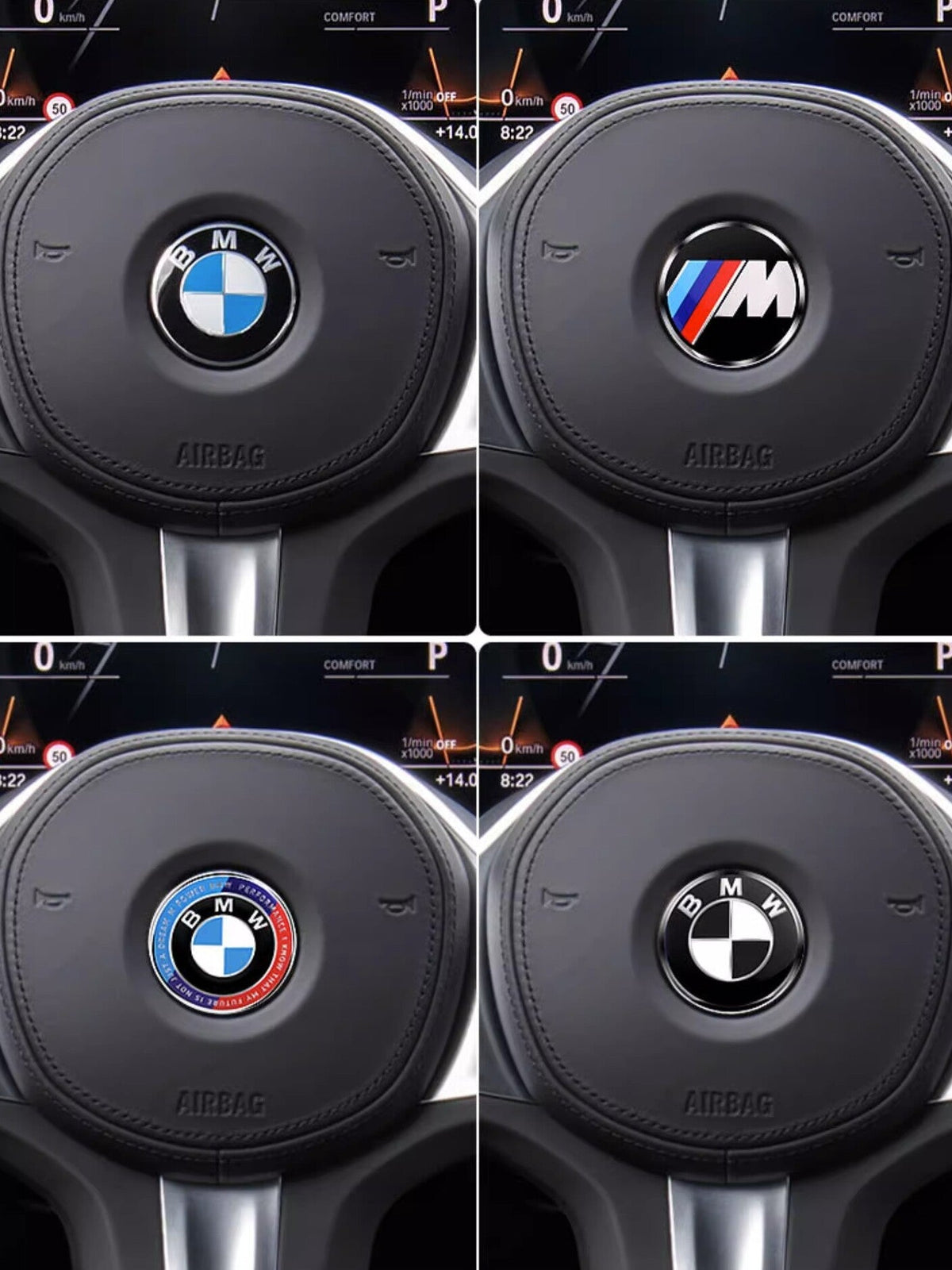 BMW steering wheel center badges four color options grid comparison