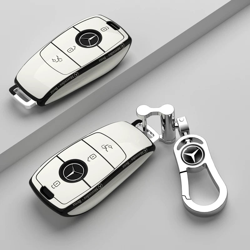 Mercedes-Benz Riviera Two-Tone Key Case – Ivory White – Black Trim, Slim Script with Chrome Star Clasp
