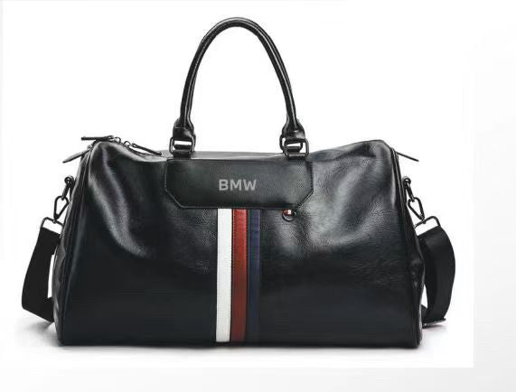 BMW leather-look duffel bag with tricolor stripe, front view on white background