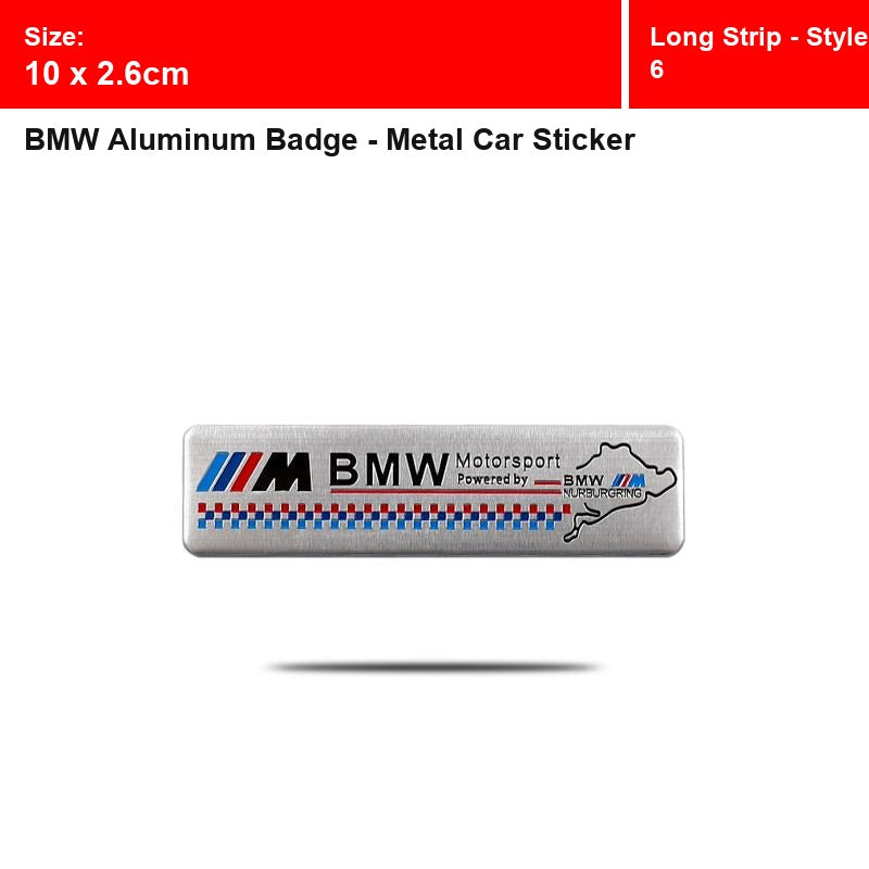 BMW aluminum badge, Long Strip - Style 6 design, size 10 x 2.6cm