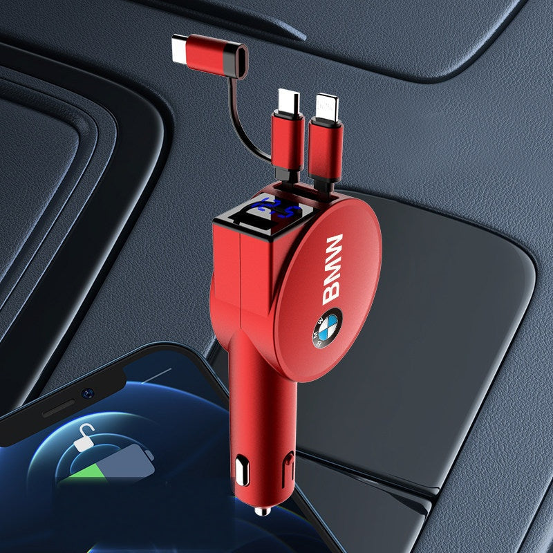 Red BMW badge retractable car charger with fast charging display