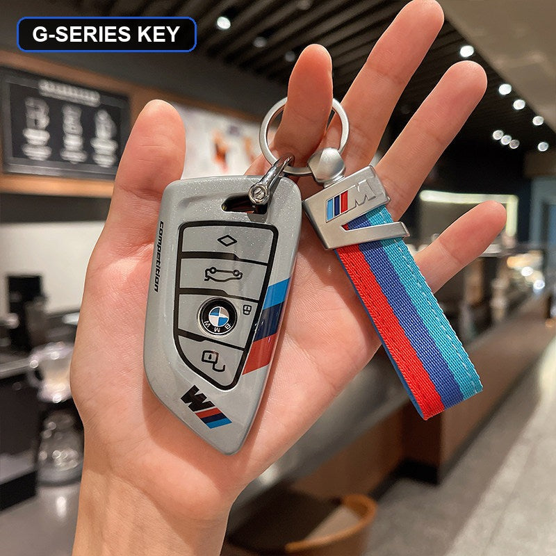 BMW key shell case gray with M-stripe keychain strap