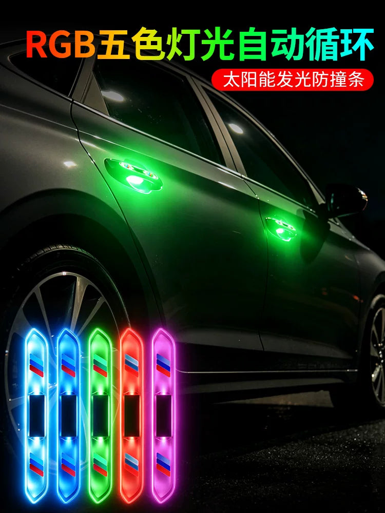 Solar illumination on car doors, colorful anti-rear-end collision warning lights, anti-collision strips, electric motorcycle flashing lights, and wire-free ambient lights