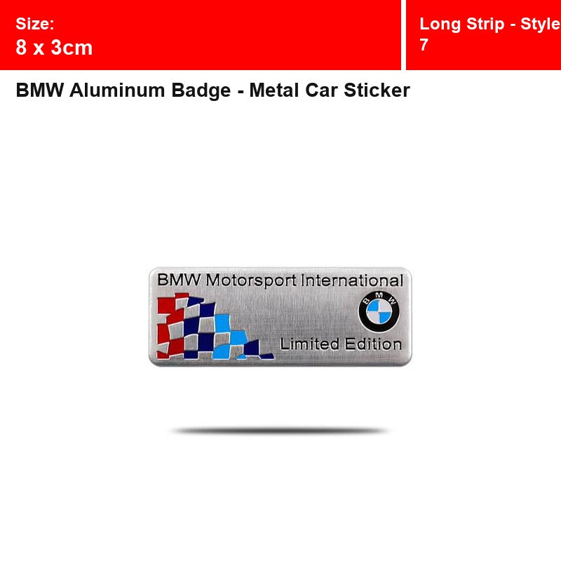 BMW aluminum badge, Long Strip - Style 7 design, size 8 x 3cm