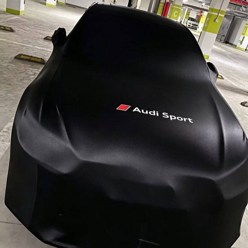 Black satin Audi Sport car cover on an RS model