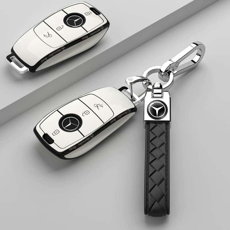 Mercedes-Benz Riviera Two-Tone Key Case – Ivory White – Black Trim, Slim Script with Black Woven Strap