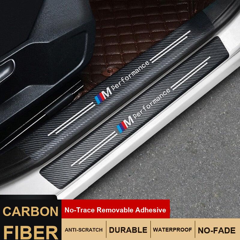 BMW carbon fiber leather door sill strip with M Performance logo installed