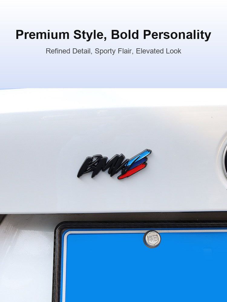 BMW metal badge installed on car trunk near license plate