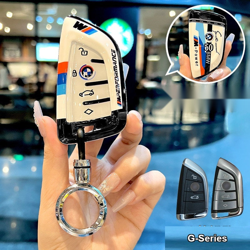 BMW smart key fob white TPU case with bullet round buckle keychain