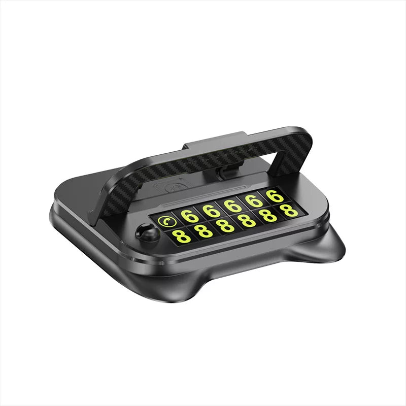 Black dashboard phone stand with parking number plate