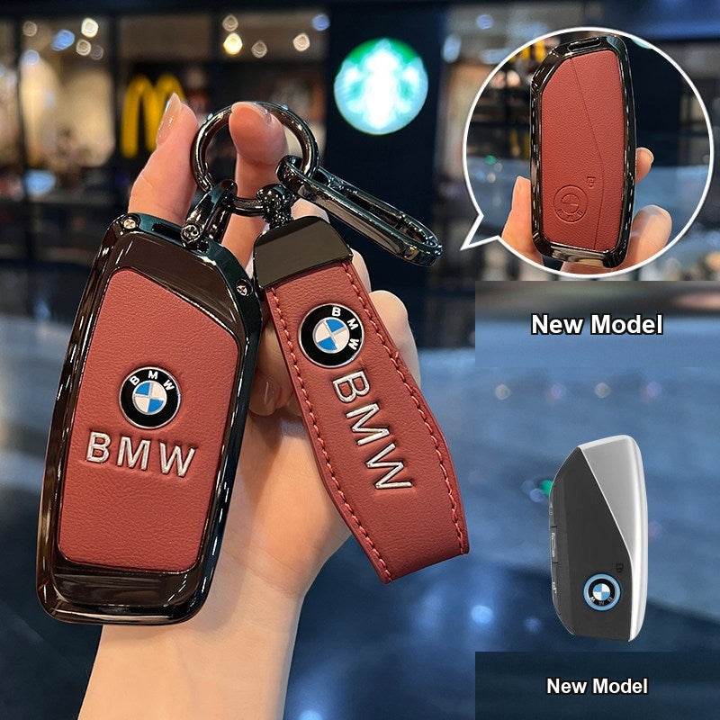 BMW key case New Model - Volcanic Red Leather (Metal Badge) + Leather Cord & Figure-8 Buckle