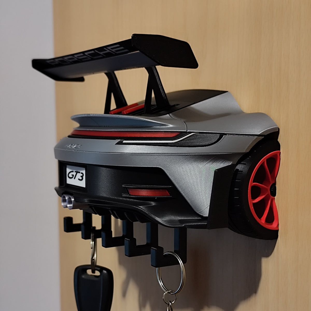 Porsche GT3 RS 3D rear edition wall key holder, side angle