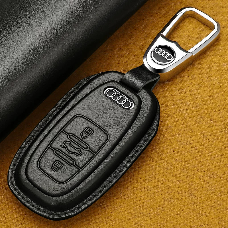 Audi Heritage Top-Grain Leather Key Case – Handcrafted Cowhide with Signature Keyring