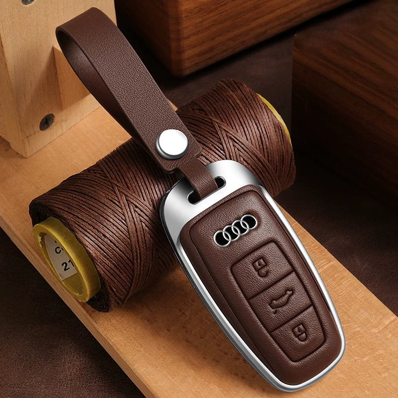 Audi Executive Cowhide Key Case – Polished Metal Bezel with Double-Sided Leather