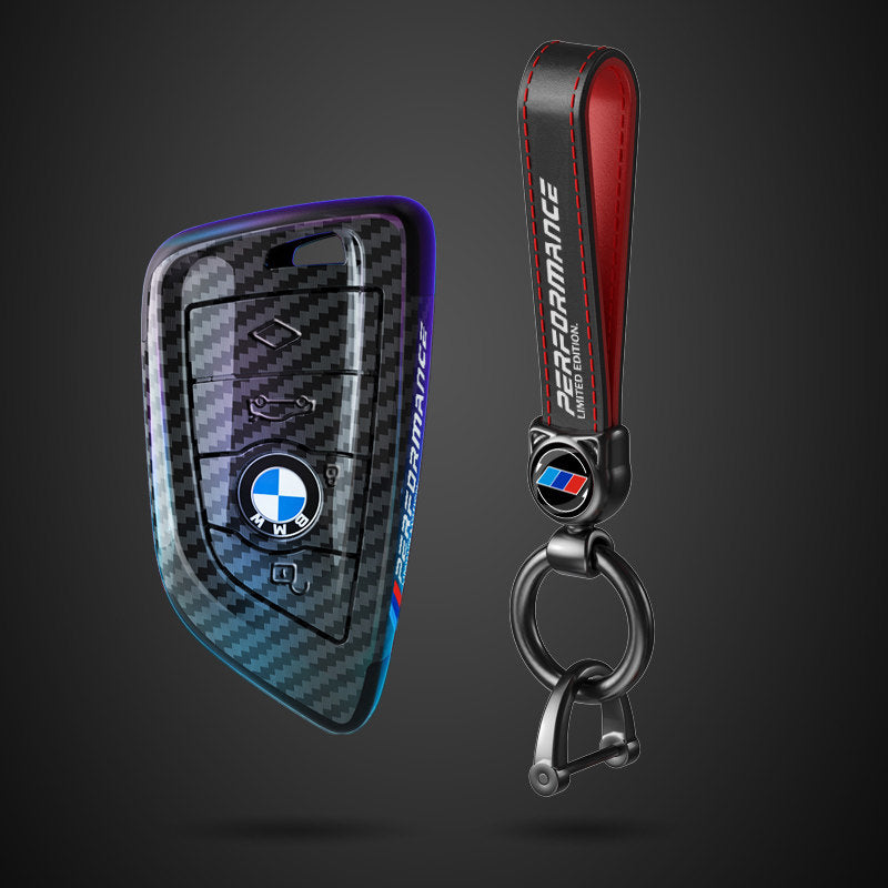 BMW Blade key fob case in black carbon fiber with leather strap keychain