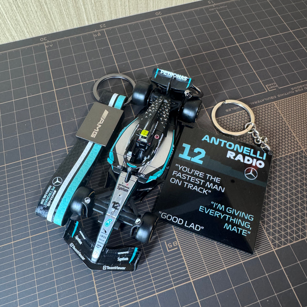 Antonelli #12 F1 car keychain collector set with radio pendant and AMG strap