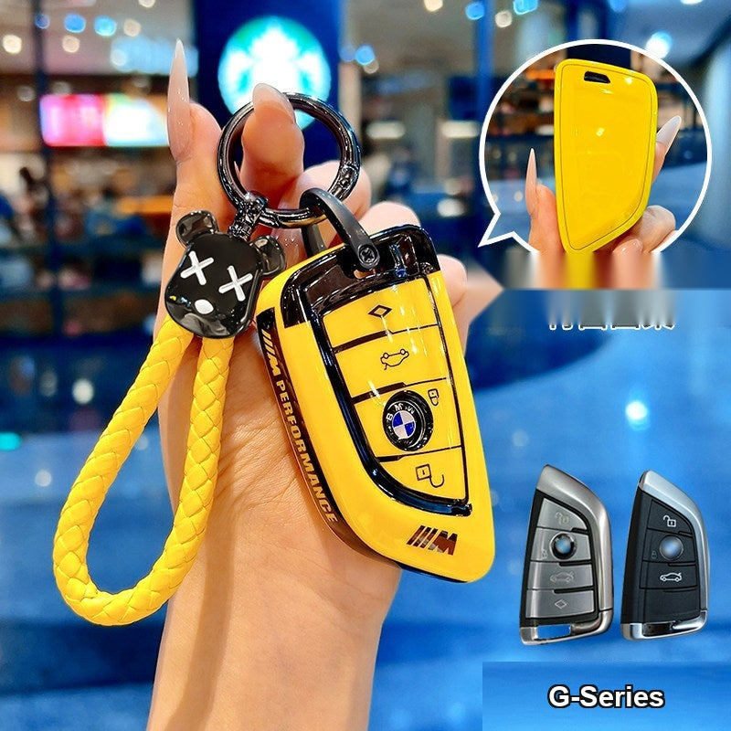 BMW smart key fob yellow TPU case with bear woven rope keychain