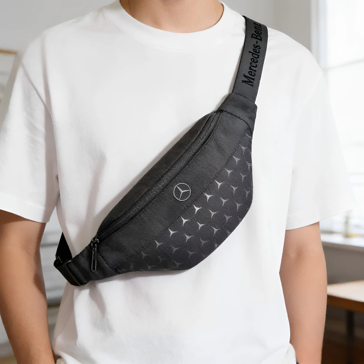 Mercedes-Benz Signature Star waist bag worn crossbody, black