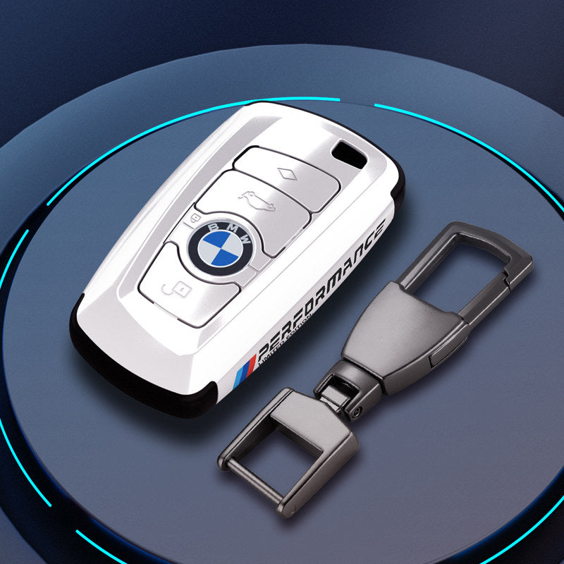 BMW Square key fob case in white with metal buckle keychain