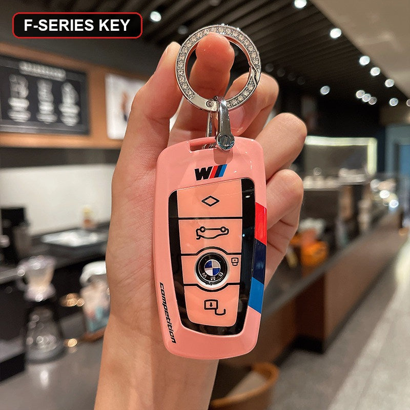 BMW key shell case pink with rhinestone keyring, no keychain pendant