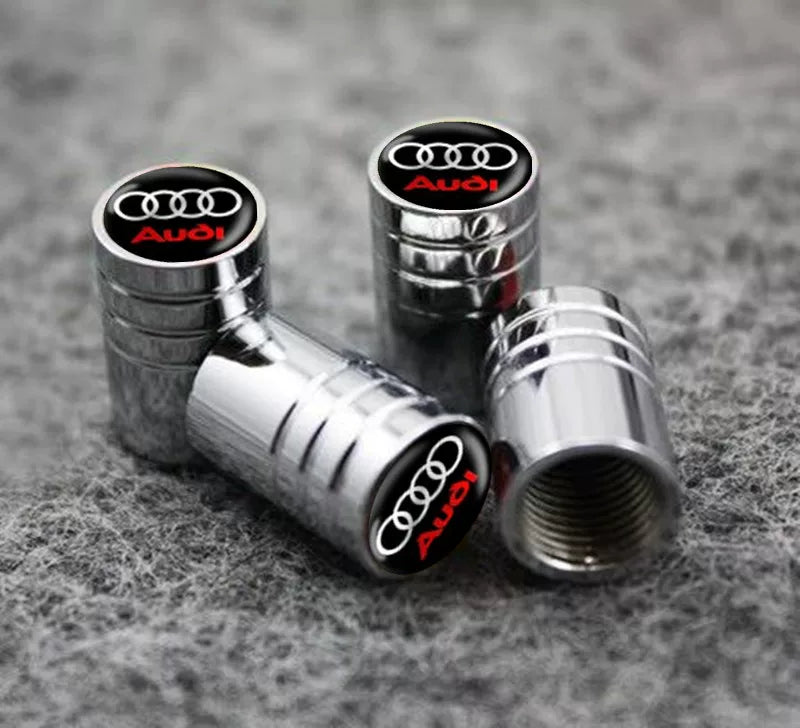 Audi Crystal Dome Emblem Valve Caps – Ribbed Chrome Luxury Set of 4