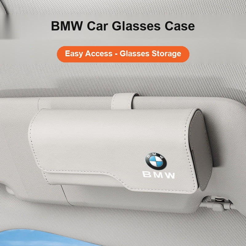BMW leather glasses case clipped onto car sun visor