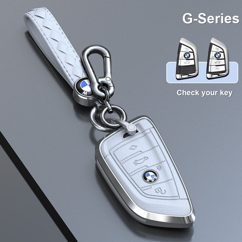 BMW genuine leather key fob case cover in Classic White for G-Series smart key with keychain - fits 3/5 Series, X1 X3 X5 X7, i5, 2 Series