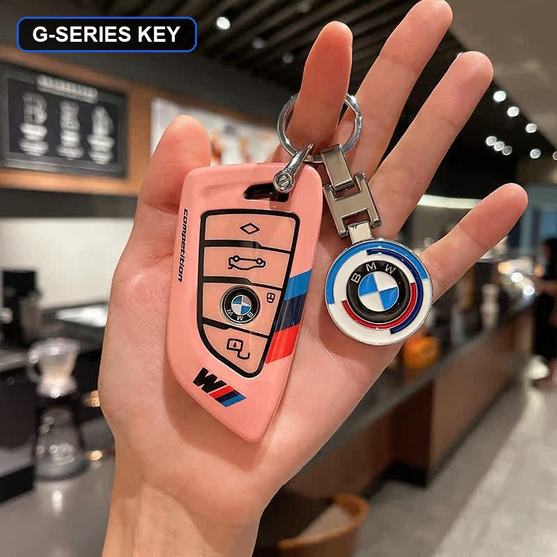 BMW key shell case pink with BMW roundel logo keychain