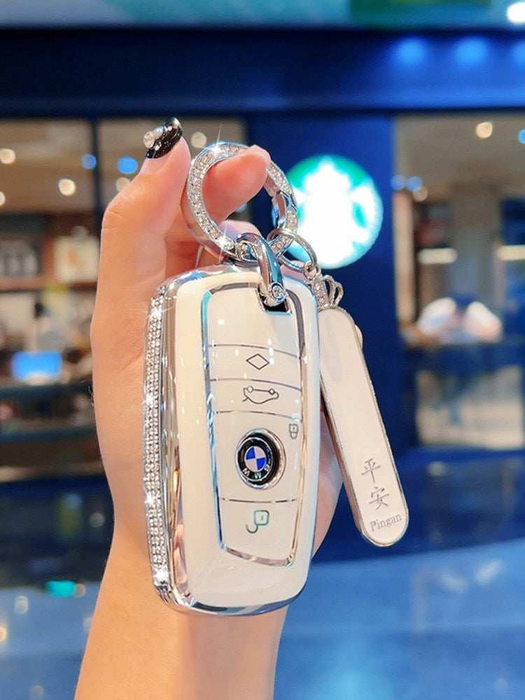 BMW smart key in diamond-studded cream white TPU case, front view