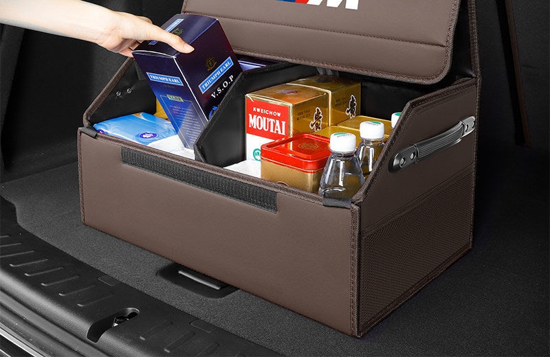 BMW trunk storage box set in burgundy, two sizes stacked in car trunk